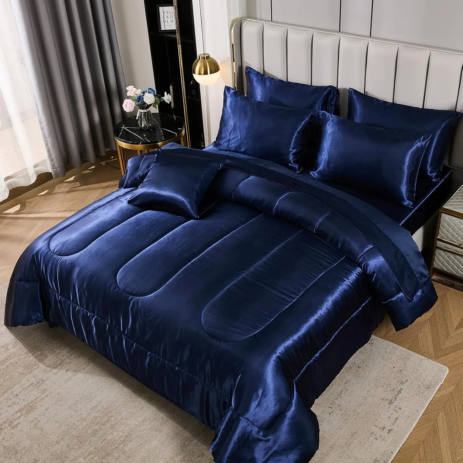 Silk Like Blue Comforter Set with Sheet Sets Queen 8 Pieces Satin Bedding Silky Bed-in-a-Bag Luxury Hotel Silky with 1 Cushion Cover