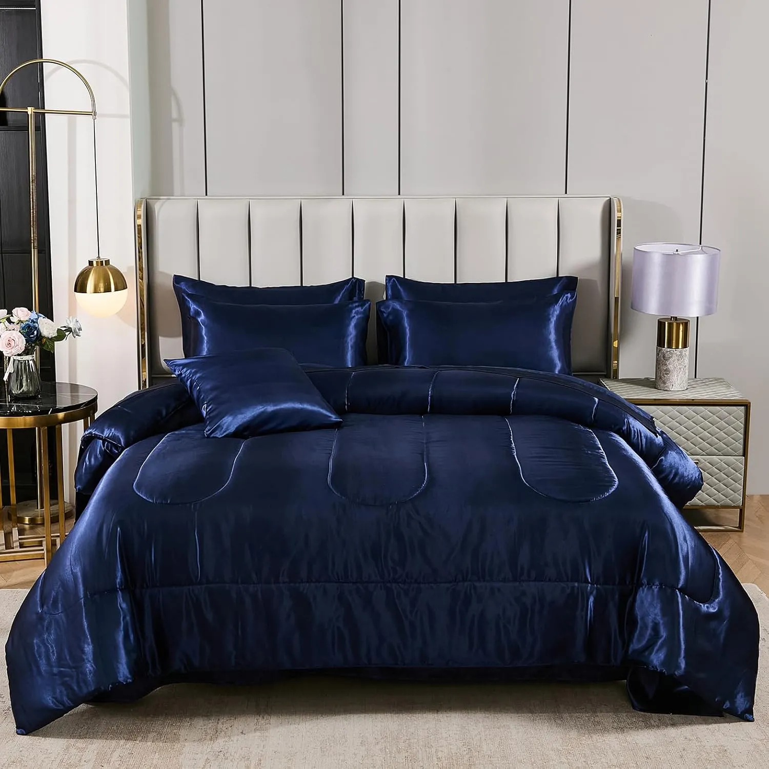 Silk Like Blue Comforter Set with Sheet Sets Queen 8 Pieces Satin Bedding Silky Bed-in-a-Bag Luxury Hotel Silky with 1 Cushion Cover