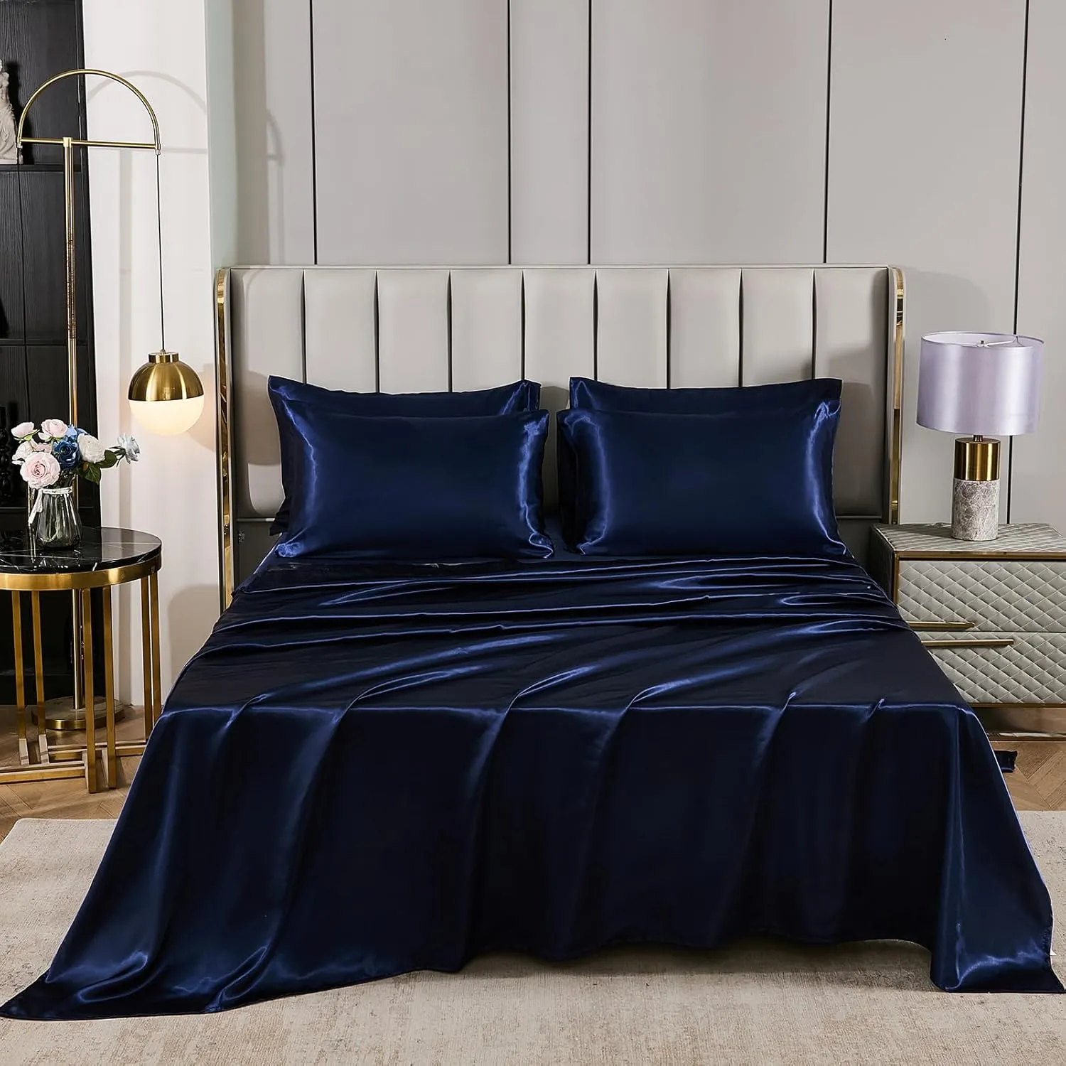 Silk Like Blue Comforter Set with Sheet Sets Queen 8 Pieces Satin Bedding Silky Bed-in-a-Bag Luxury Hotel Silky with 1 Cushion Cover
