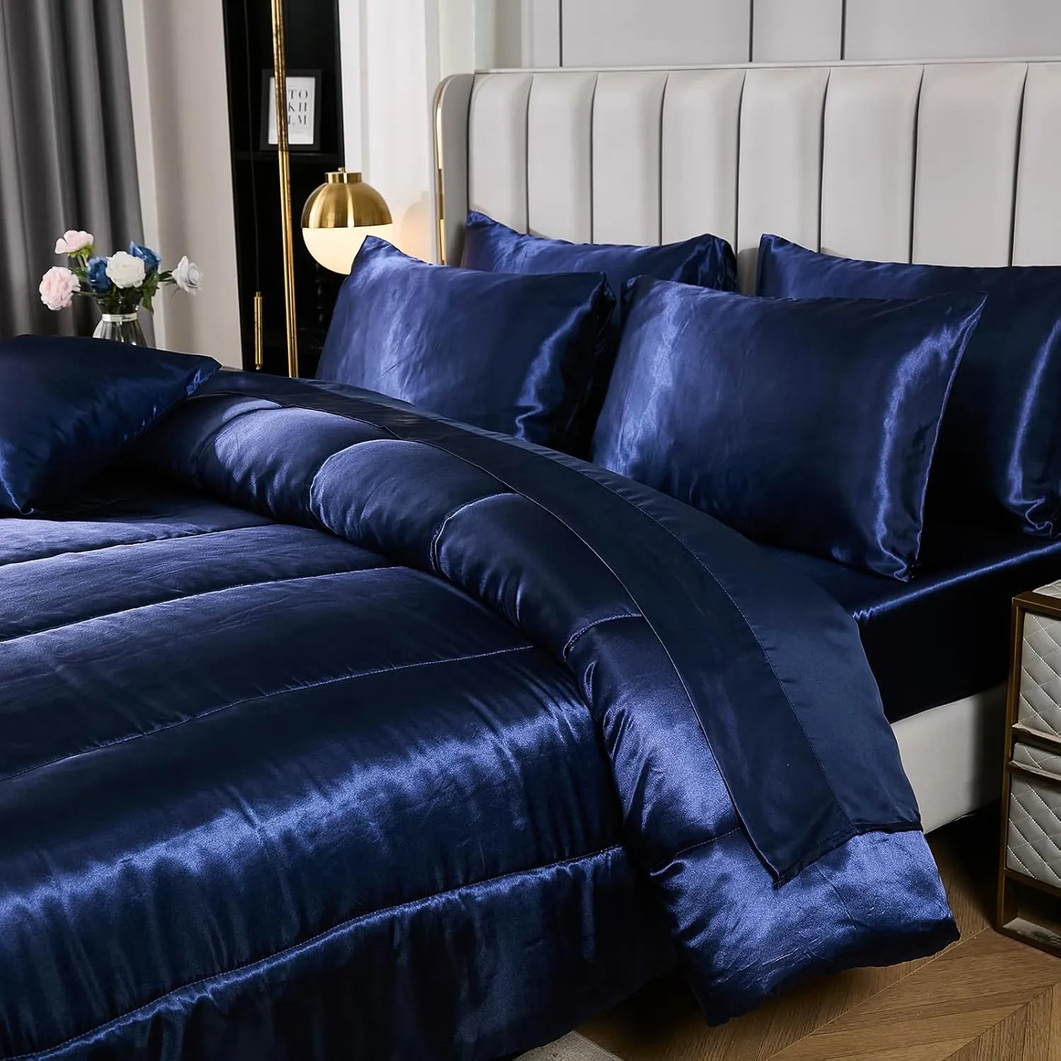 Silk Like Blue Comforter Set with Sheet Sets Queen 8 Pieces Satin Bedding Silky Bed-in-a-Bag Luxury Hotel Silky with 1 Cushion Cover