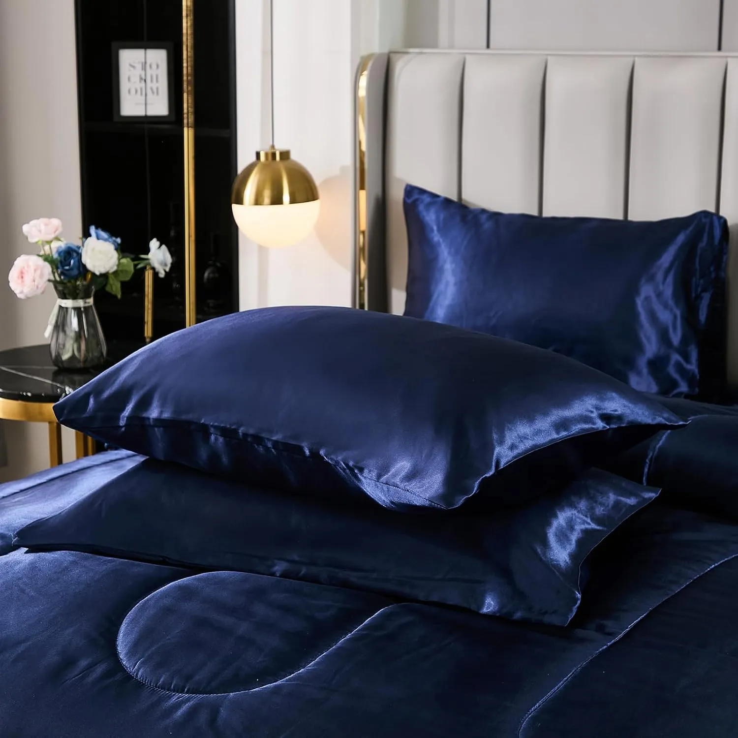 Silk Like Blue Comforter Set with Sheet Sets Queen 8 Pieces Satin Bedding Silky Bed-in-a-Bag Luxury Hotel Silky with 1 Cushion Cover