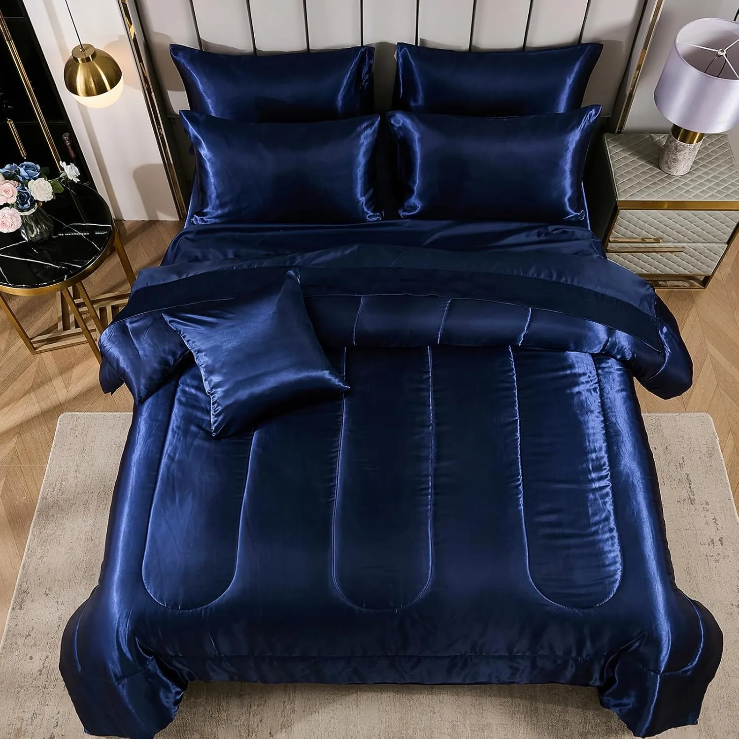 Silk Like Blue Comforter Set with Sheet Sets Queen 8 Pieces Satin Bedding Silky Bed-in-a-Bag Luxury Hotel Silky with 1 Cushion Cover