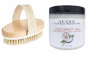 Skin Brushing Set Organic Coconut Oil and Natural Bristle Body Brush For Exfoliating Dead Skin & Moisturizing Skincare Routine