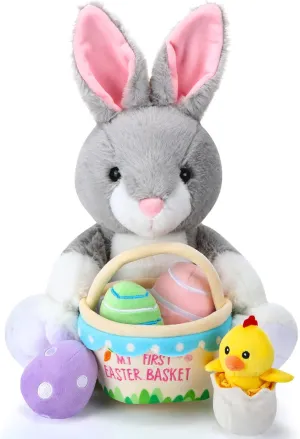 Skylety 6 Pcs 14 Inch Easter Bunny with Basket Eggs and Chick, My First Plush Easter Bunny Rabbit Stuffed Animal with Filled Basket Plush Playset for Egg Hunt Party Favors Stuffers Fillers Gifts