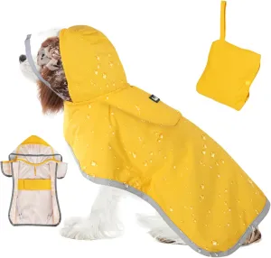 SlowTon Dog Raincoat, Adjustable Dog Rain Jacket Clear Hooded Double Layer, Waterproof Poncho with Reflective Strip Straps and Storage Pocket for Small Medium Large Dog (Yellow L)