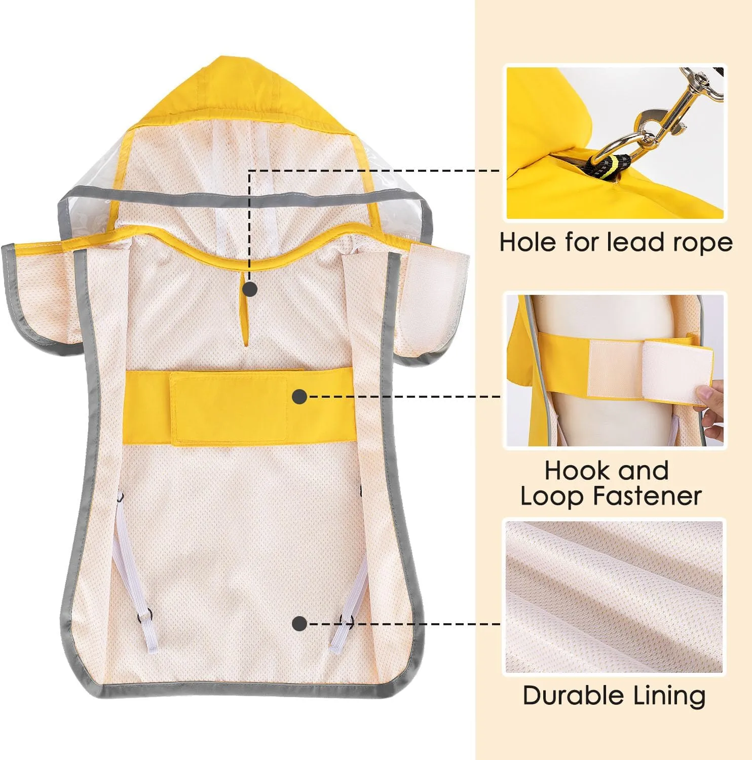 SlowTon Dog Raincoat, Adjustable Dog Rain Jacket Clear Hooded Double Layer, Waterproof Poncho with Reflective Strip Straps and Storage Pocket for Small Medium Large Dog (Yellow L)
