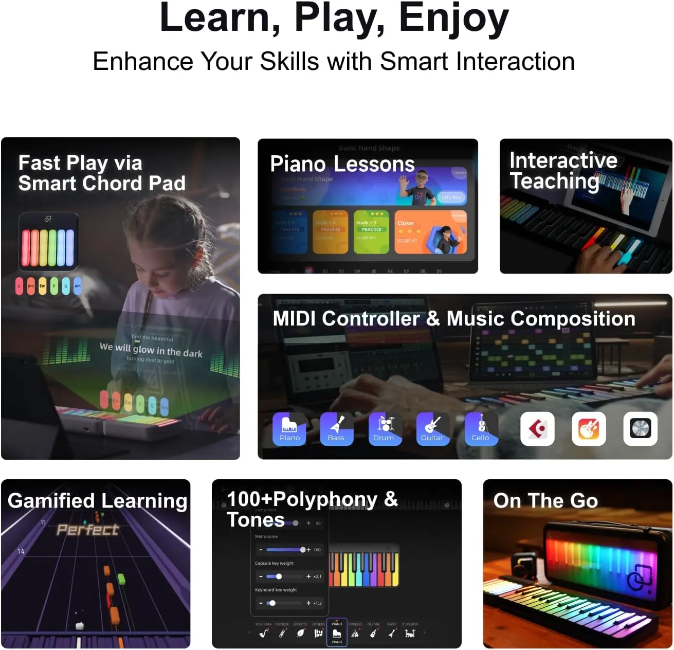 Smart Digital Piano Keyboard with Lighted Keys (Expandable to 88-Key), MIDI Controller Chord Pad Portable Electronic Learning Keyboard for Performance & Composition, 256 Tones, 100  Chords