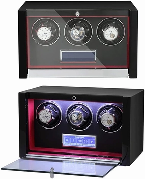 Smart Touch Screen Watch Winder Device, Vertical, Led Light, Pu Leather, Carbon Fiber, 3 Watch, Black Case, Watch Shaker Watch Winder Display Watch Box Case Watch Storage