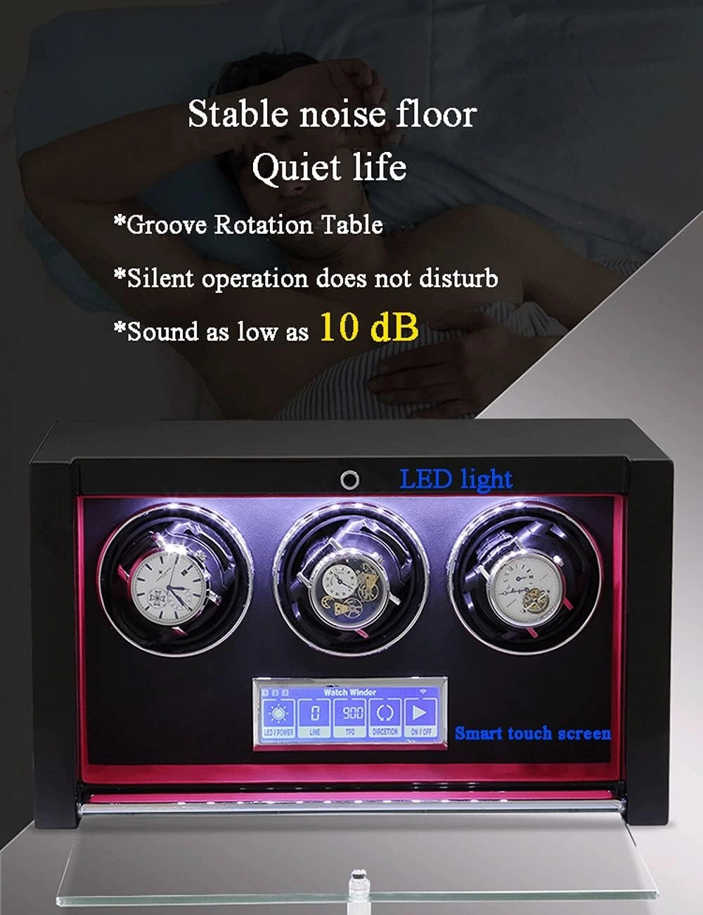 Smart Touch Screen Watch Winder Device, Vertical, Led Light, Pu Leather, Carbon Fiber, 3 Watch, Black Case, Watch Shaker Watch Winder Display Watch Box Case Watch Storage