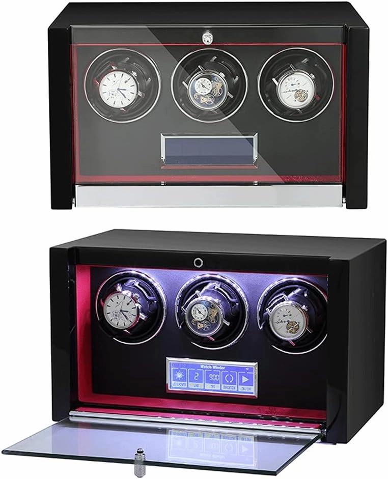 Smart Touch Screen Watch Winder Device, Vertical, Led Light, Pu Leather, Carbon Fiber, 3 Watch, Black Case, Watch Shaker Watch Winder Display Watch Box Case Watch Storage