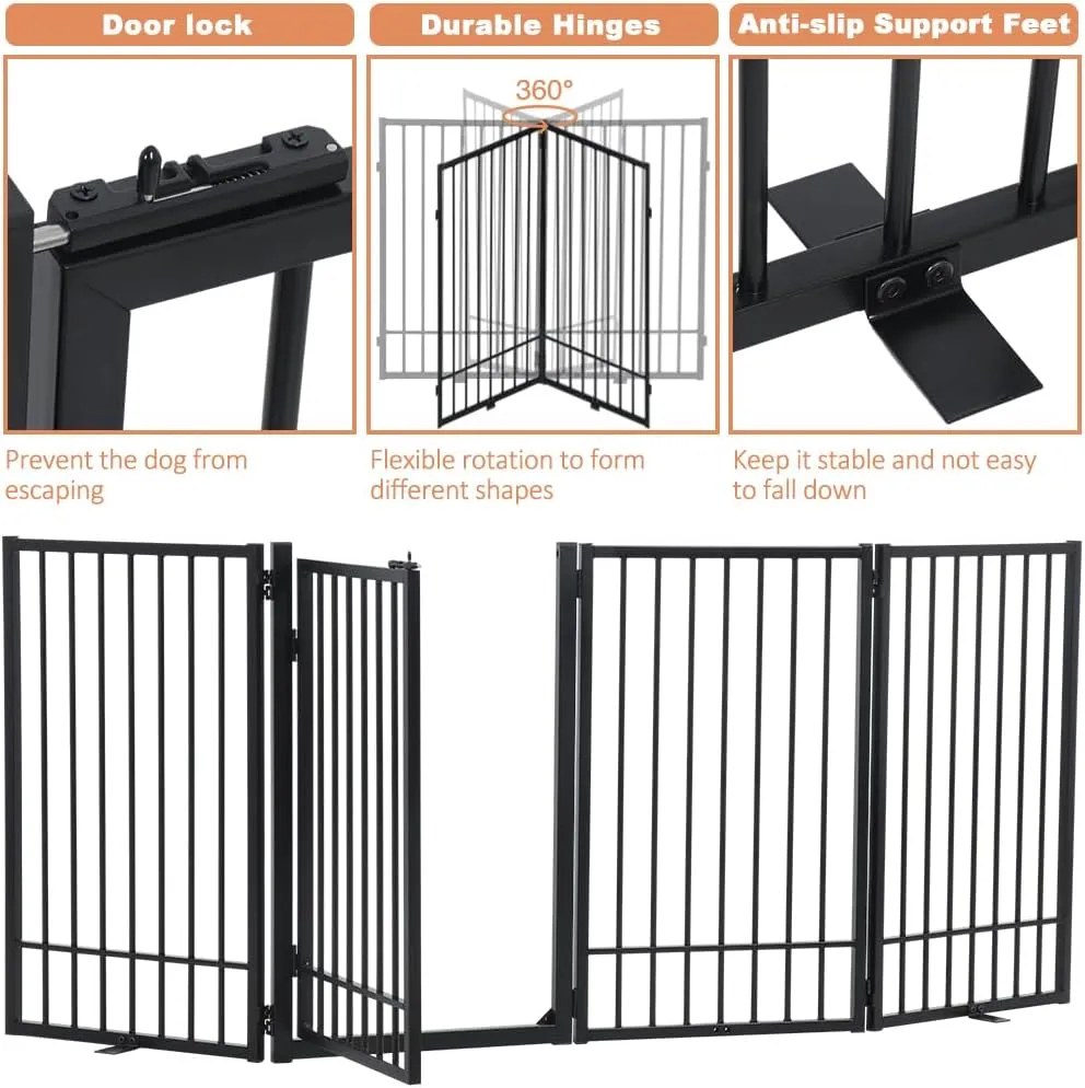 SMONTER Free Standing Dog Gate with Door Walk Through, 80.5'' Extra Wide Indoor Dog Fence, 31.5'' Height 4 Panels Foldable Metal Pet Puppy Gate for Stairs, Hallways, Doorway