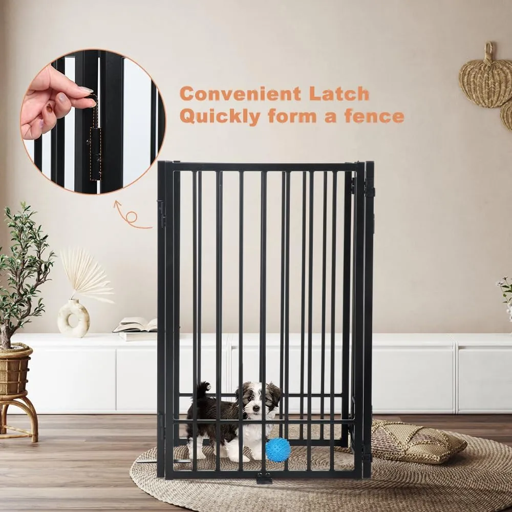 SMONTER Free Standing Dog Gate with Door Walk Through, 80.5'' Extra Wide Indoor Dog Fence, 31.5'' Height 4 Panels Foldable Metal Pet Puppy Gate for Stairs, Hallways, Doorway