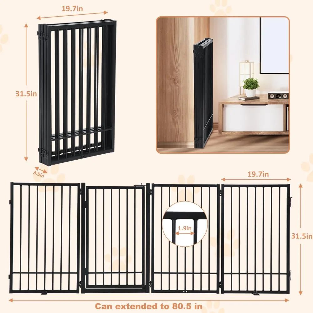 SMONTER Free Standing Dog Gate with Door Walk Through, 80.5'' Extra Wide Indoor Dog Fence, 31.5'' Height 4 Panels Foldable Metal Pet Puppy Gate for Stairs, Hallways, Doorway