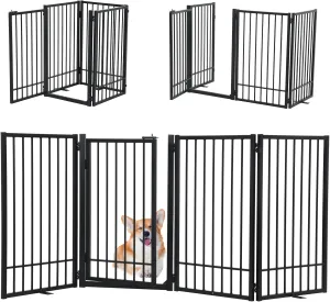 SMONTER Free Standing Dog Gate with Door Walk Through, 80.5'' Extra Wide Indoor Dog Fence, 31.5'' Height 4 Panels Foldable Metal Pet Puppy Gate for Stairs, Hallways, Doorway