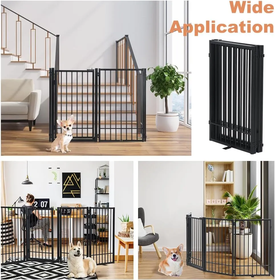 SMONTER Free Standing Dog Gate with Door Walk Through, 80.5'' Extra Wide Indoor Dog Fence, 31.5'' Height 4 Panels Foldable Metal Pet Puppy Gate for Stairs, Hallways, Doorway