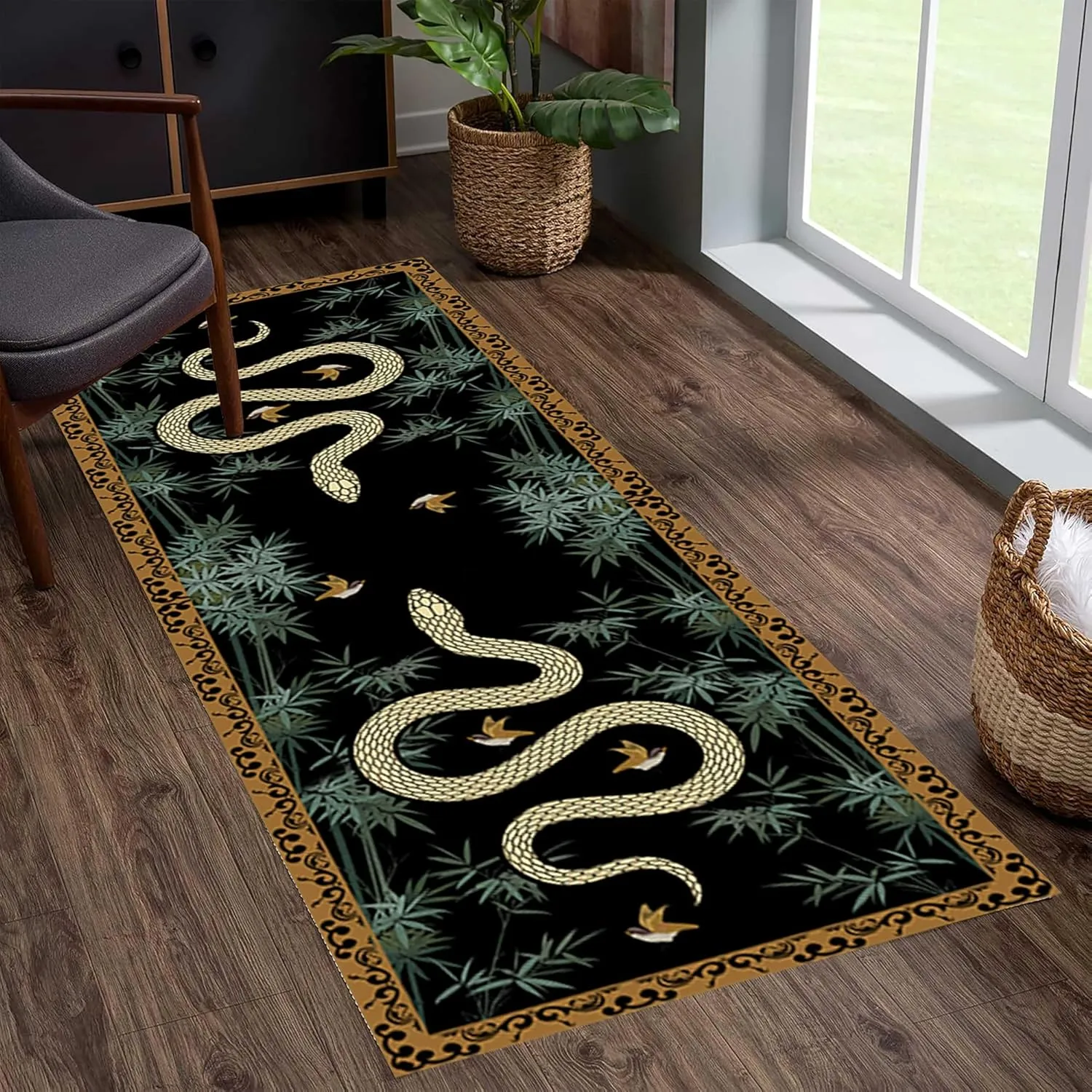 Snakes and Birds Area Rugs, 2x10ft, Goth Snakes Bohemian Bamboo Leaves Retro Aesthetics Accent Rug, Washable Carpet with Anti-Slip Backing Durable Rugs for Bedroom Living Room