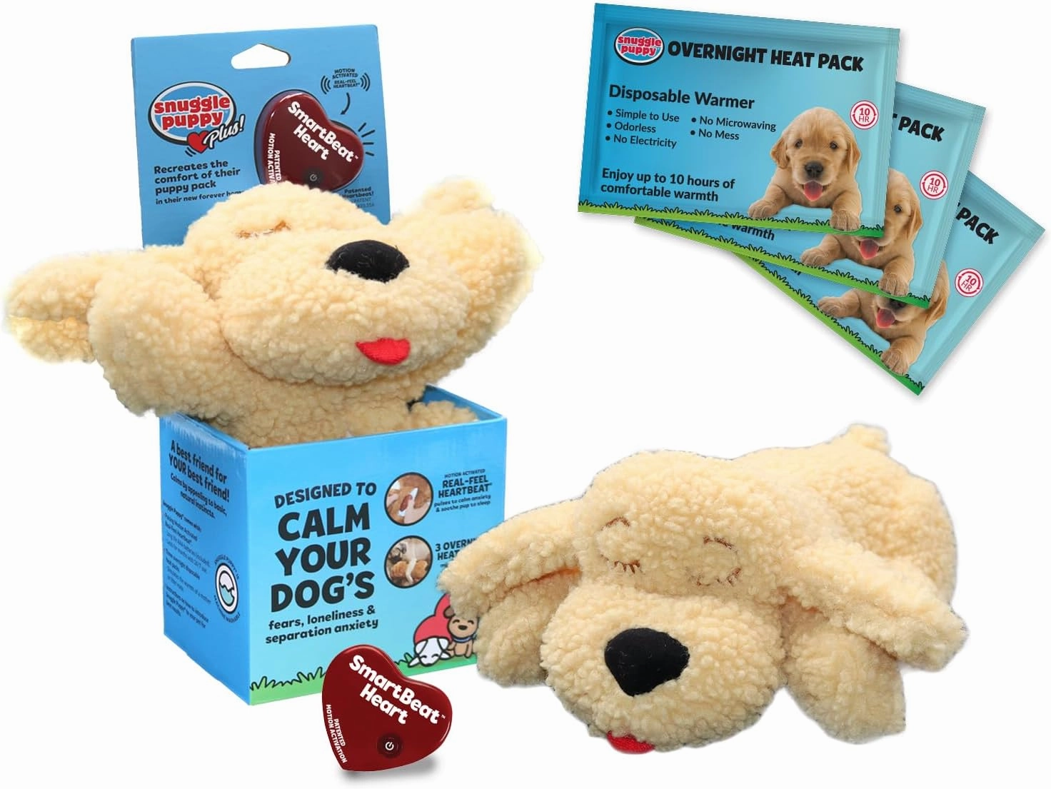 Snuggle Puppy Plus Dog Toys with 3 Heat Packs & New Motion Activated RealFeel Heartbeat - Dog Anxiety Relief, Calming Aid, and Comfort Toy for Behavioral Training