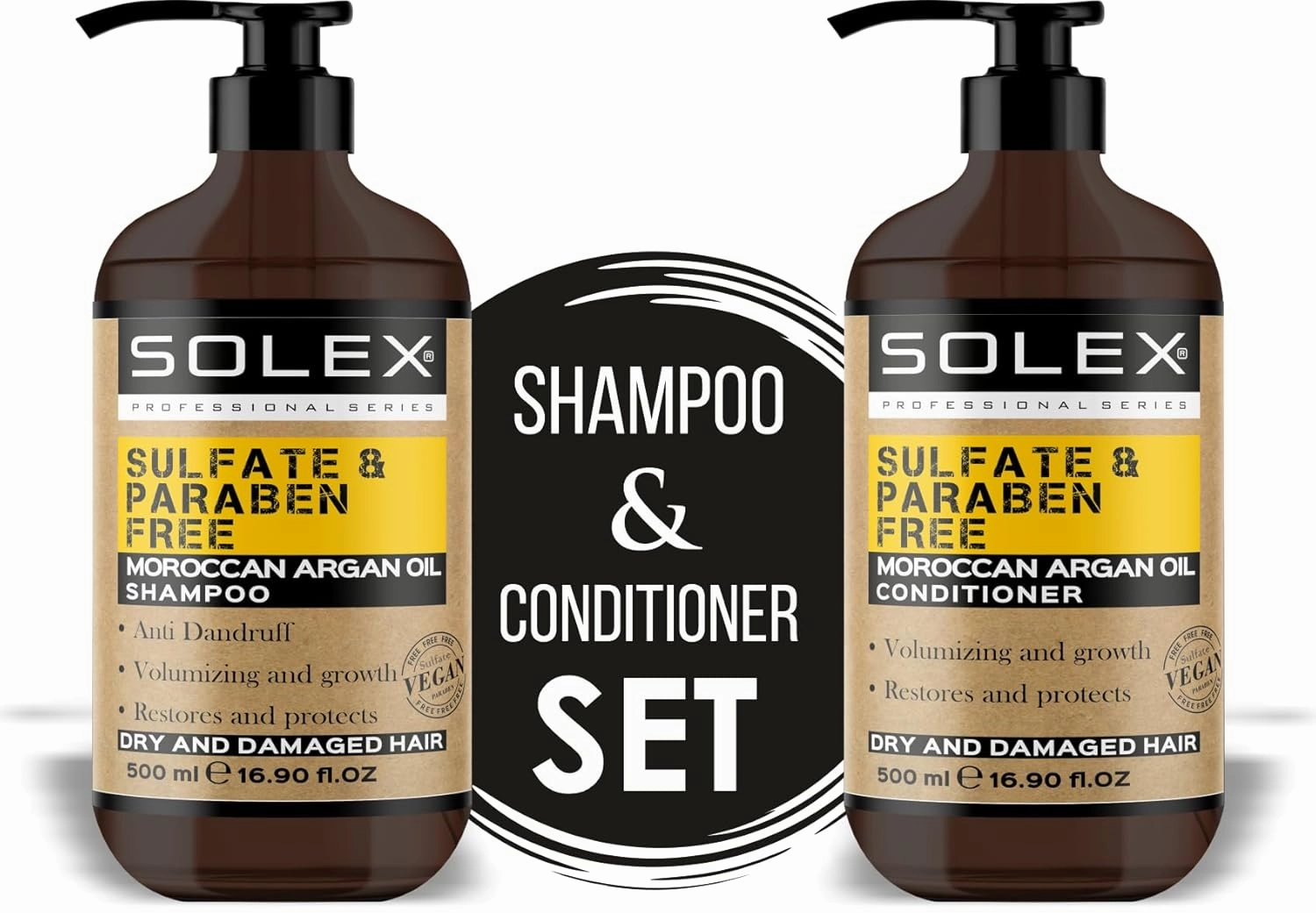 Solex Moroccan Argan Oil Shampoo and Conditioner Set - Sulfate & Paraben Free - Anti Dandruff - Treatment for Men & Women Hair Thickening Volumizing Products, (2 pack x 16.9 Fl Oz. / 500 mL)