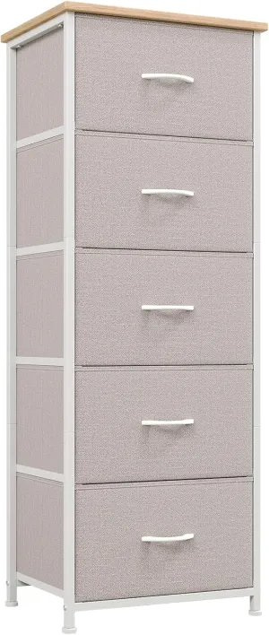 Somdot Tall Dresser for Bedroom with 5 Drawers, Storage Chest of Drawers with Removable Fabric Bins for Closet Bedside Nursery Laundry Living Room Entryway Hallway, Ash Grey