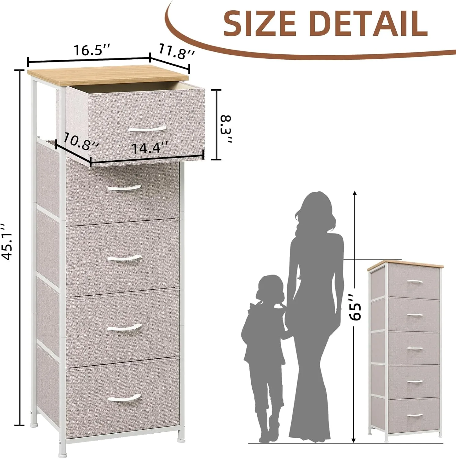 Somdot Tall Dresser for Bedroom with 5 Drawers, Storage Chest of Drawers with Removable Fabric Bins for Closet Bedside Nursery Laundry Living Room Entryway Hallway, Ash Grey