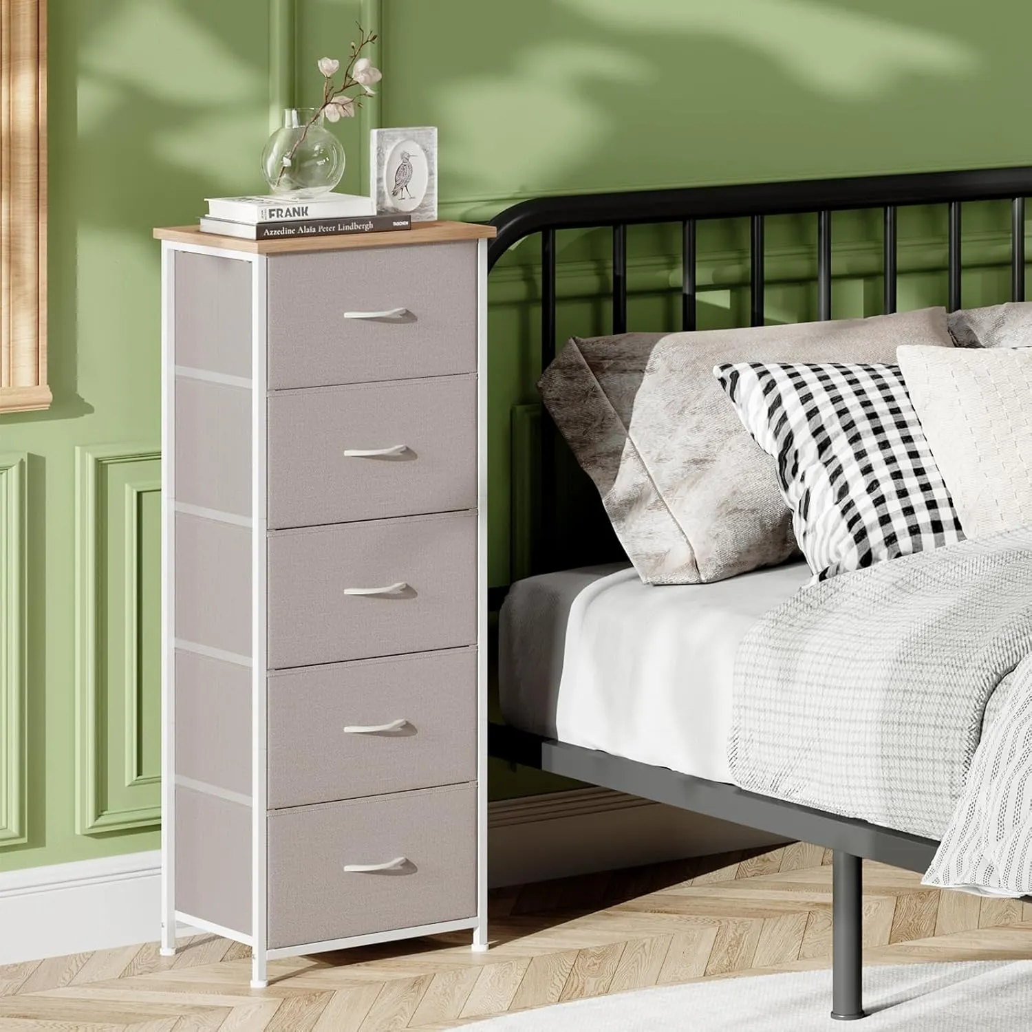 Somdot Tall Dresser for Bedroom with 5 Drawers, Storage Chest of Drawers with Removable Fabric Bins for Closet Bedside Nursery Laundry Living Room Entryway Hallway, Ash Grey