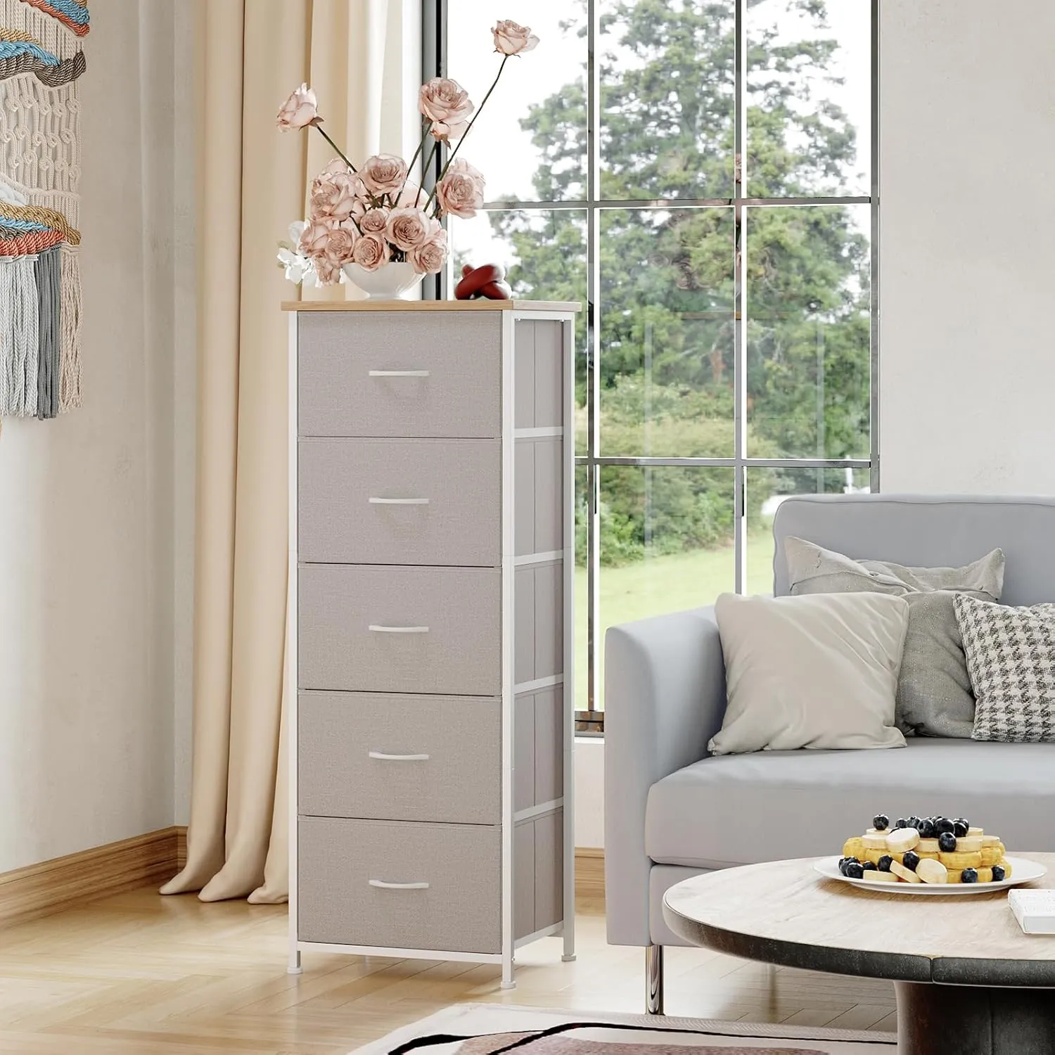 Somdot Tall Dresser for Bedroom with 5 Drawers, Storage Chest of Drawers with Removable Fabric Bins for Closet Bedside Nursery Laundry Living Room Entryway Hallway, Ash Grey
