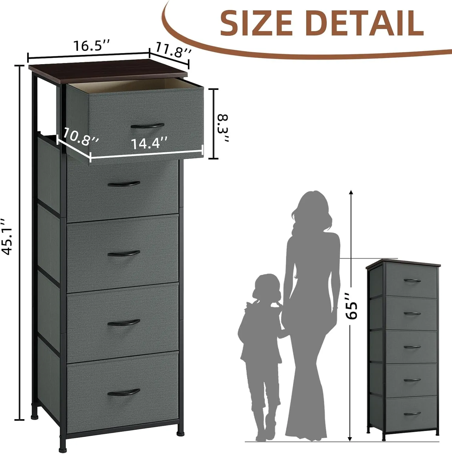 Somdot Tall Dresser for Bedroom with 5 Drawers, Storage Chest of Drawers with Removable Fabric Bins for Closet Bedside Nursery Laundry Living Room Entryway Hallway, Charcoal Grey