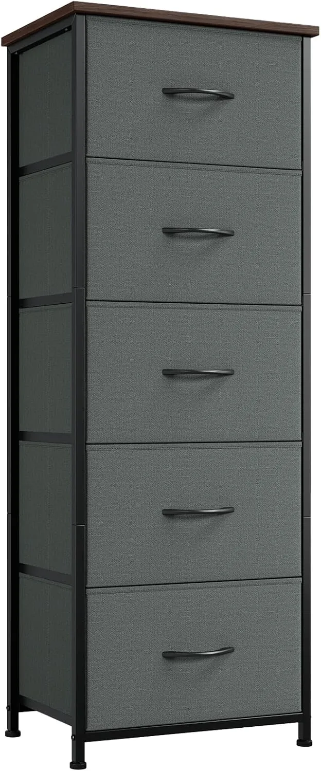 Somdot Tall Dresser for Bedroom with 5 Drawers, Storage Chest of Drawers with Removable Fabric Bins for Closet Bedside Nursery Laundry Living Room Entryway Hallway, Charcoal Grey