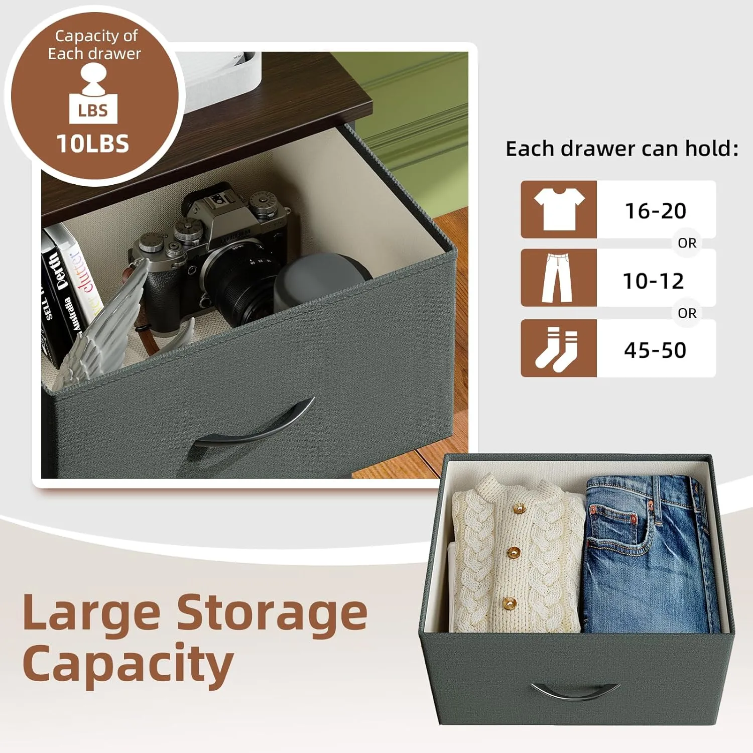 Somdot Tall Dresser for Bedroom with 5 Drawers, Storage Chest of Drawers with Removable Fabric Bins for Closet Bedside Nursery Laundry Living Room Entryway Hallway, Charcoal Grey