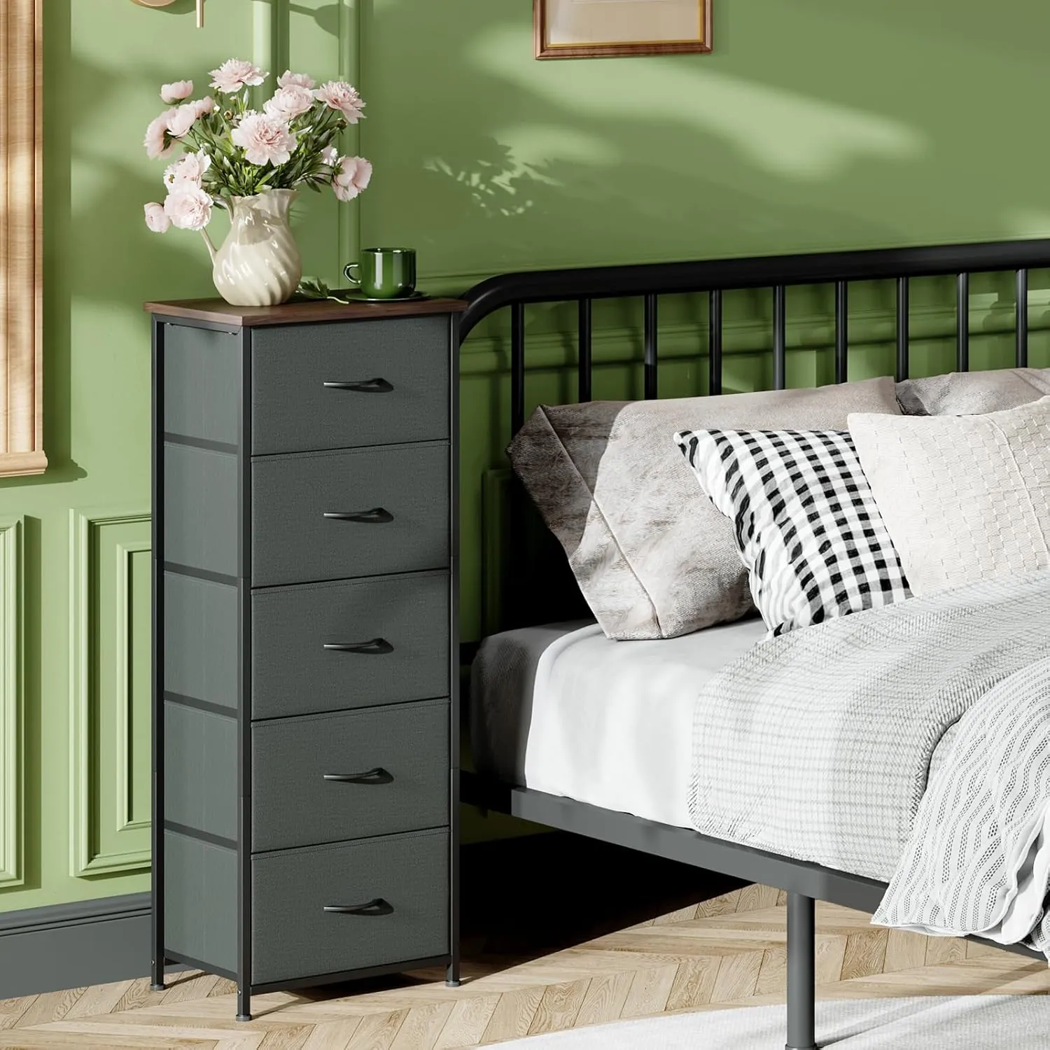 Somdot Tall Dresser for Bedroom with 5 Drawers, Storage Chest of Drawers with Removable Fabric Bins for Closet Bedside Nursery Laundry Living Room Entryway Hallway, Charcoal Grey