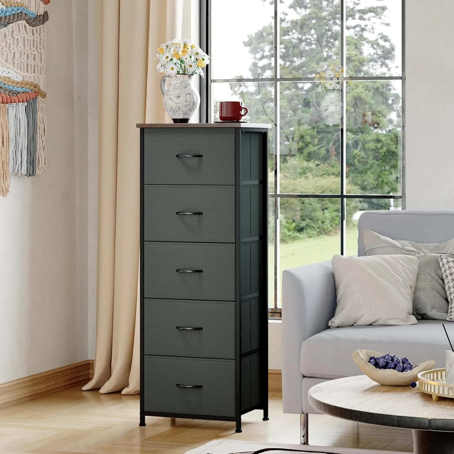 Somdot Tall Dresser for Bedroom with 5 Drawers, Storage Chest of Drawers with Removable Fabric Bins for Closet Bedside Nursery Laundry Living Room Entryway Hallway, Charcoal Grey