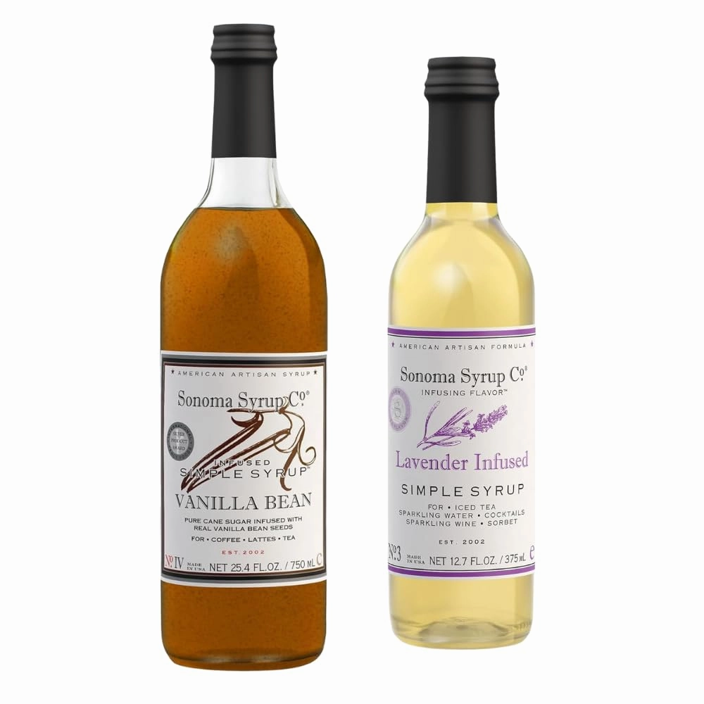 Sonoma Syrup Co. Vanilla Bean & Lavender Infused Simple Syrup Set – 2 Bottles (25.4 Fl Oz & 12.7 Fl Oz) for Coffee, Cocktails, Baking & Cooking – All-Natural, Handcrafted Syrups