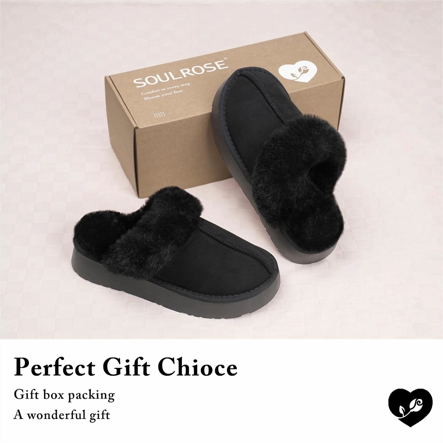 SOULROSE Women's Fuzzy Memory Foam Slippers Disquette Platform Fuzzy Comfy Cozy House Bedroom Indoor Outdoor Slippers Shoes with Non-Slip Sole Womens Gift Slippers