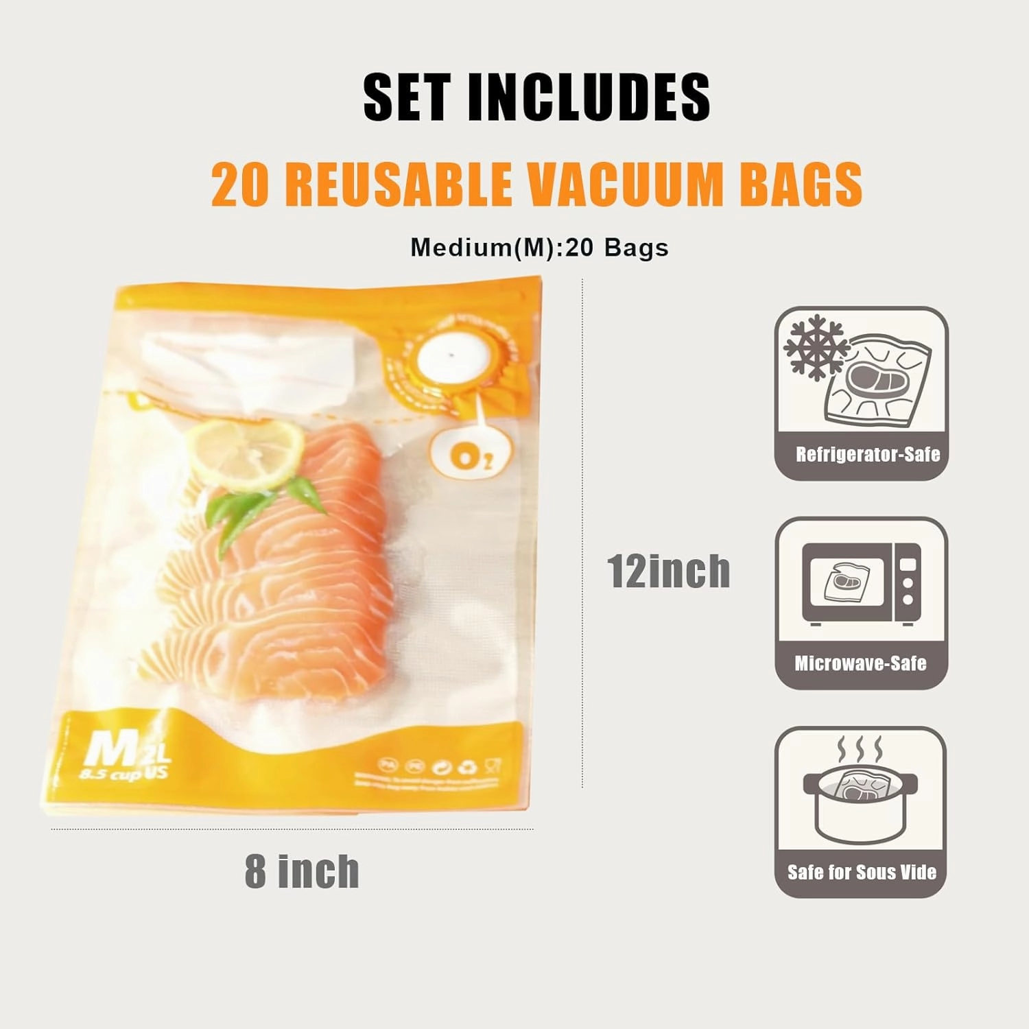 Sous Vide Bags Reusable, BPA Free Food Vacuum Sealer Bag, Vacuum Zipper Bag, 20pcs food storage bags & 4 Seal Clips (8x 12 Inch) Portable Vacuum Sealer Set for Travel, Fresh&Save Meal Prep