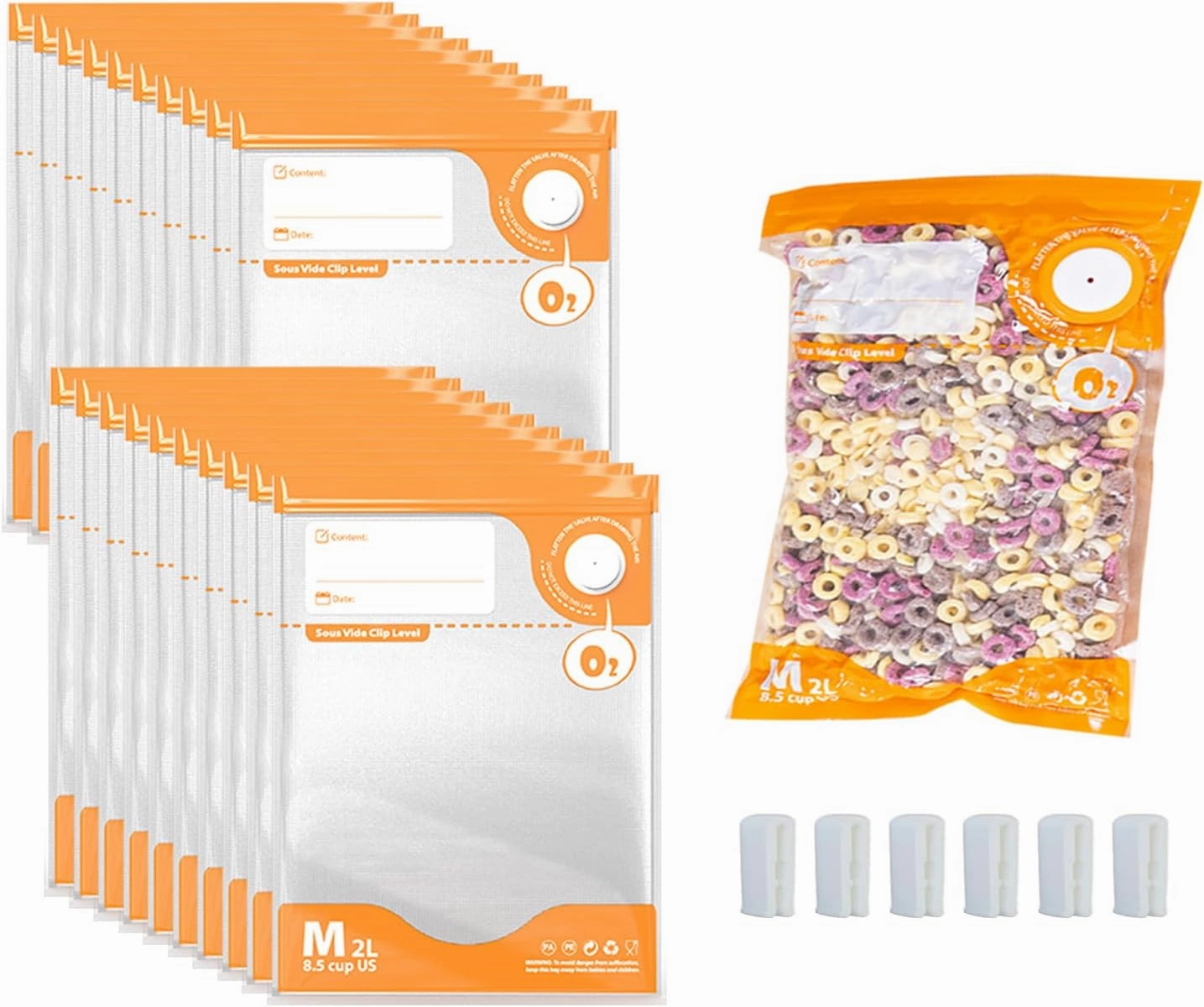 Sous Vide Bags Reusable, BPA Free Food Vacuum Sealer Bag, Vacuum Zipper Bag, 20pcs food storage bags & 4 Seal Clips (8x 12 Inch) Portable Vacuum Sealer Set for Travel, Fresh&Save Meal Prep