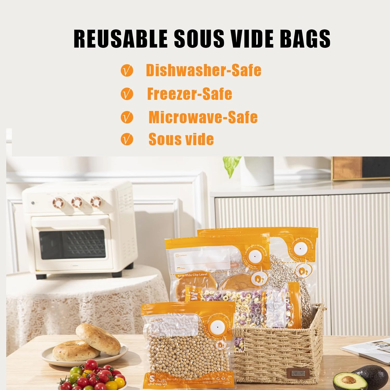Sous Vide Bags Reusable, BPA Free Food Vacuum Sealer Bag, Vacuum Zipper Bag, 20pcs food storage bags & 4 Seal Clips (8x 12 Inch) Portable Vacuum Sealer Set for Travel, Fresh&Save Meal Prep