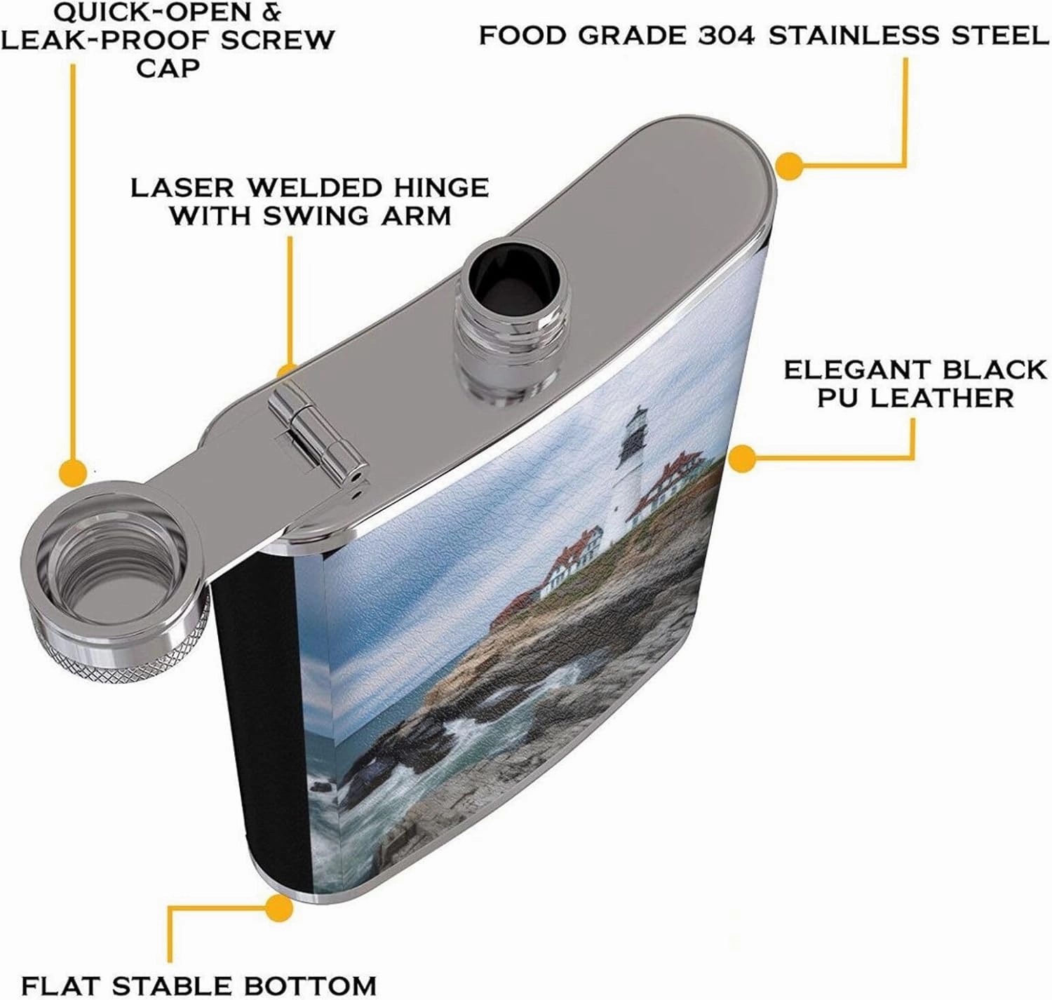 Stainless Steel Pocket Hip Flask with Lighthouse Beach Sky for Men Drinking Wedding, Vintage Flasks for Bar Party Fishing Flagon 8 OZ