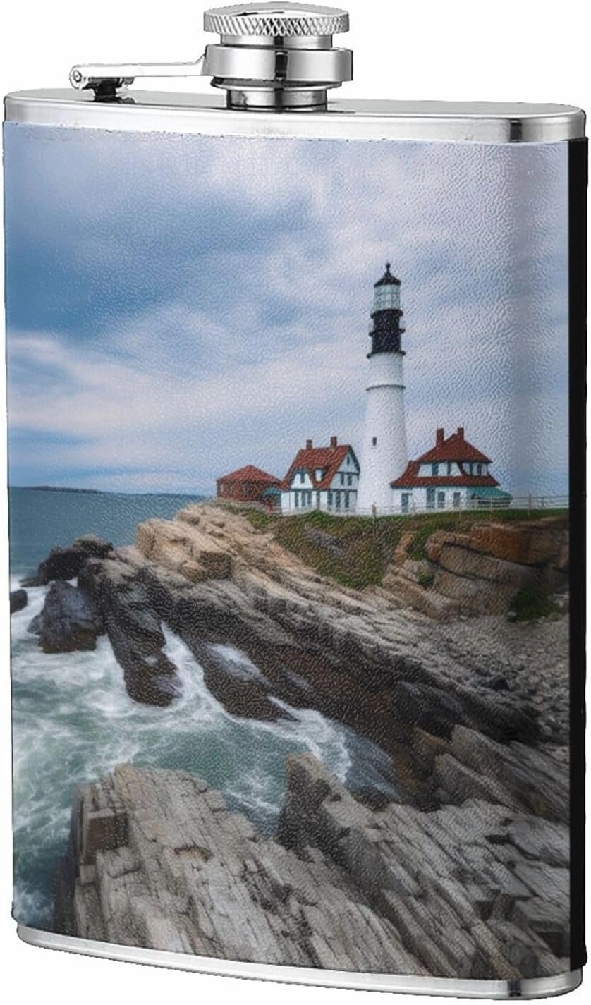 Stainless Steel Pocket Hip Flask with Lighthouse Beach Sky for Men Drinking Wedding, Vintage Flasks for Bar Party Fishing Flagon 8 OZ