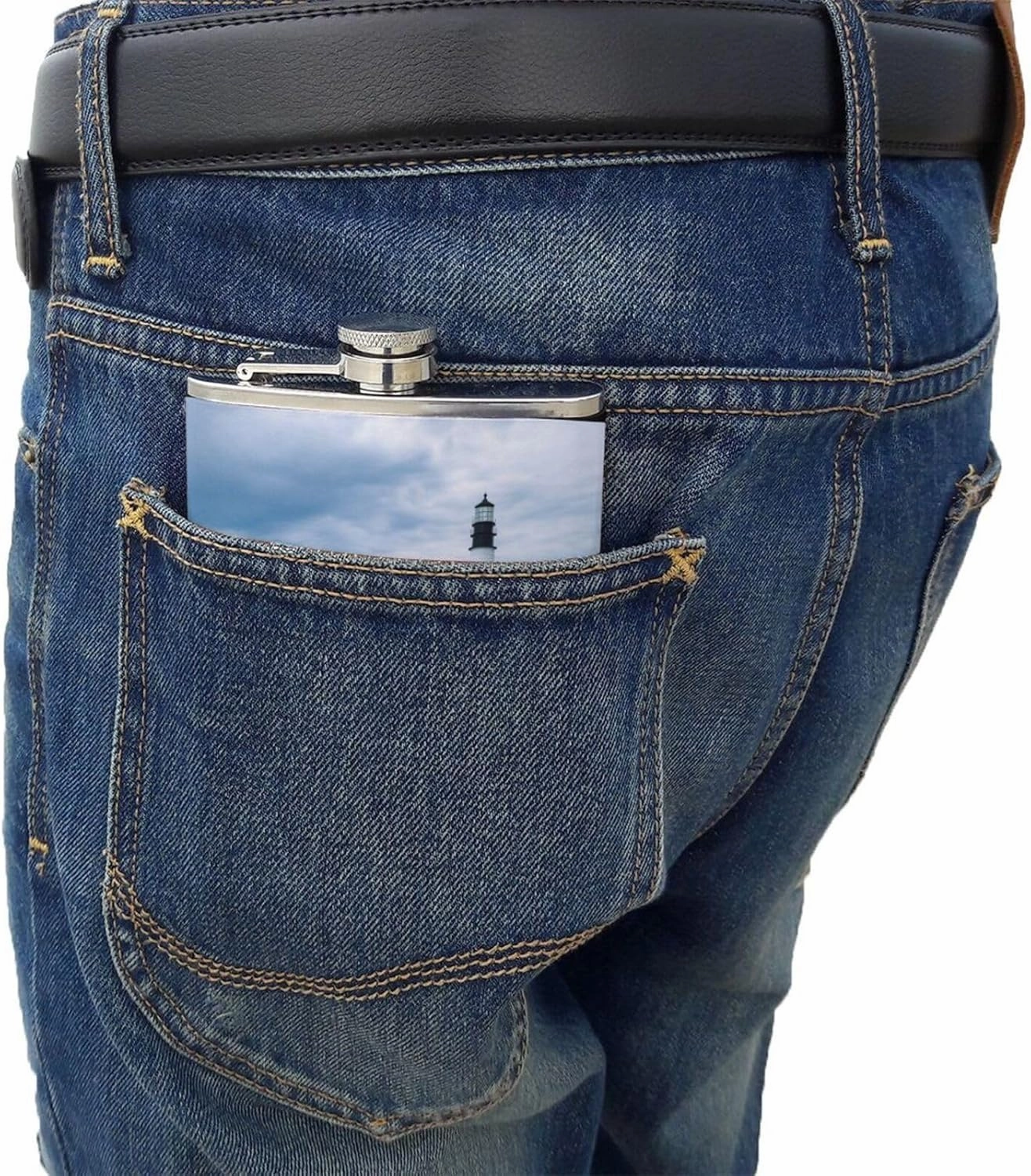 Stainless Steel Pocket Hip Flask with Lighthouse Beach Sky for Men Drinking Wedding, Vintage Flasks for Bar Party Fishing Flagon 8 OZ