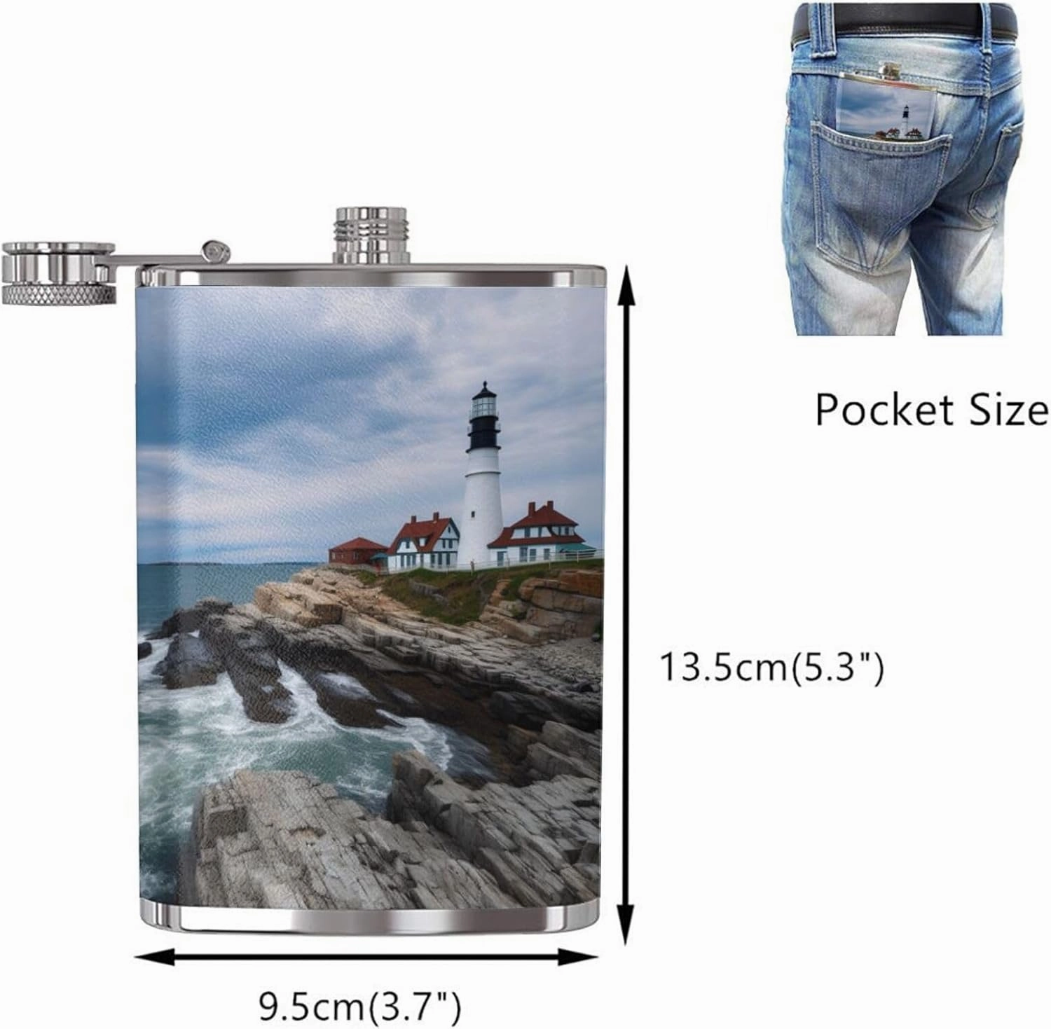 Stainless Steel Pocket Hip Flask with Lighthouse Beach Sky for Men Drinking Wedding, Vintage Flasks for Bar Party Fishing Flagon 8 OZ