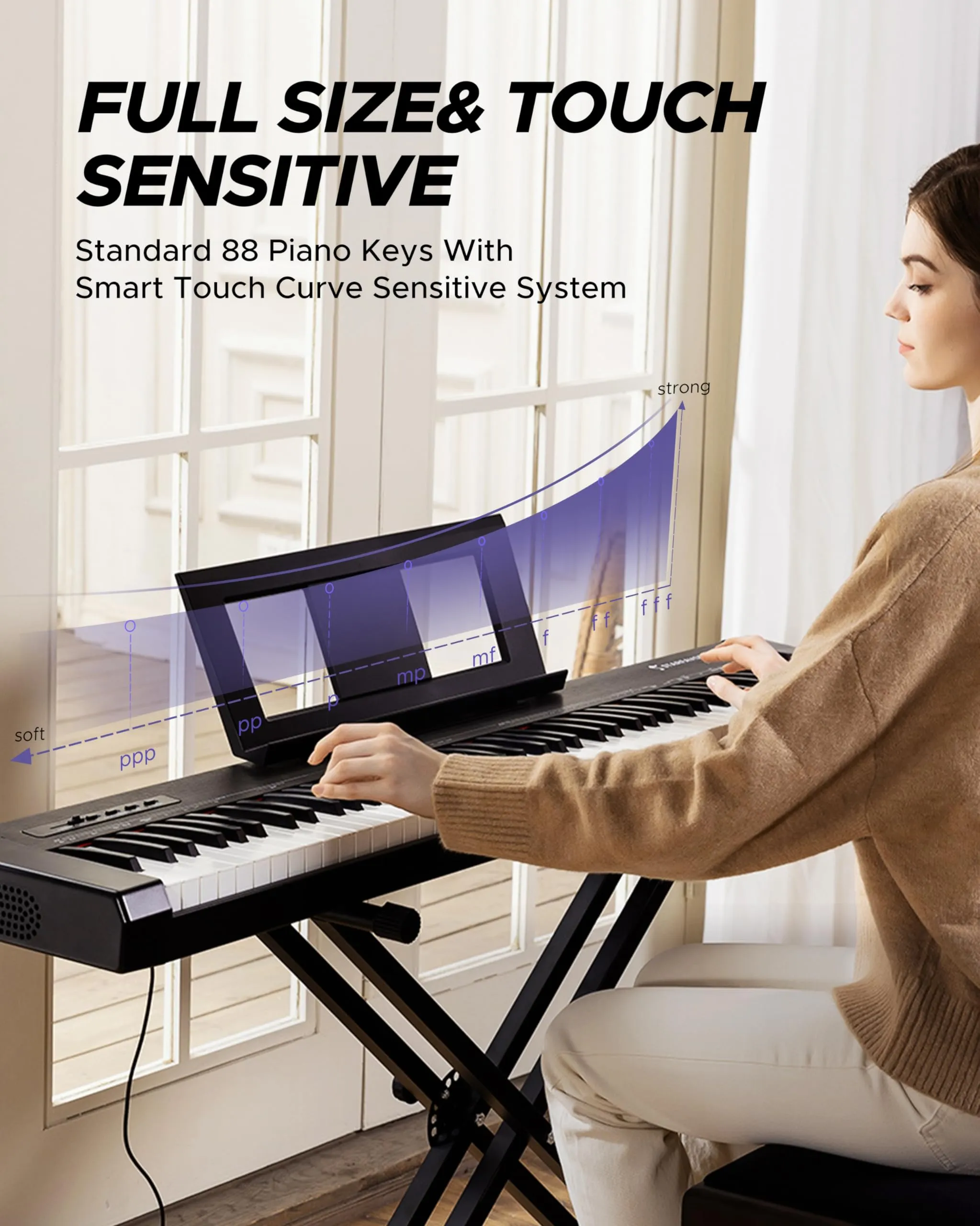 Starfavor 88 Key Full Size Digital Piano, Electric Keyboard Set with Semi-Weighted Keys, Smart Voice Sampling, Recording/MIDI/USB, Dual 20W Speakers, Sustain Pedal, Power Supply, Stand
