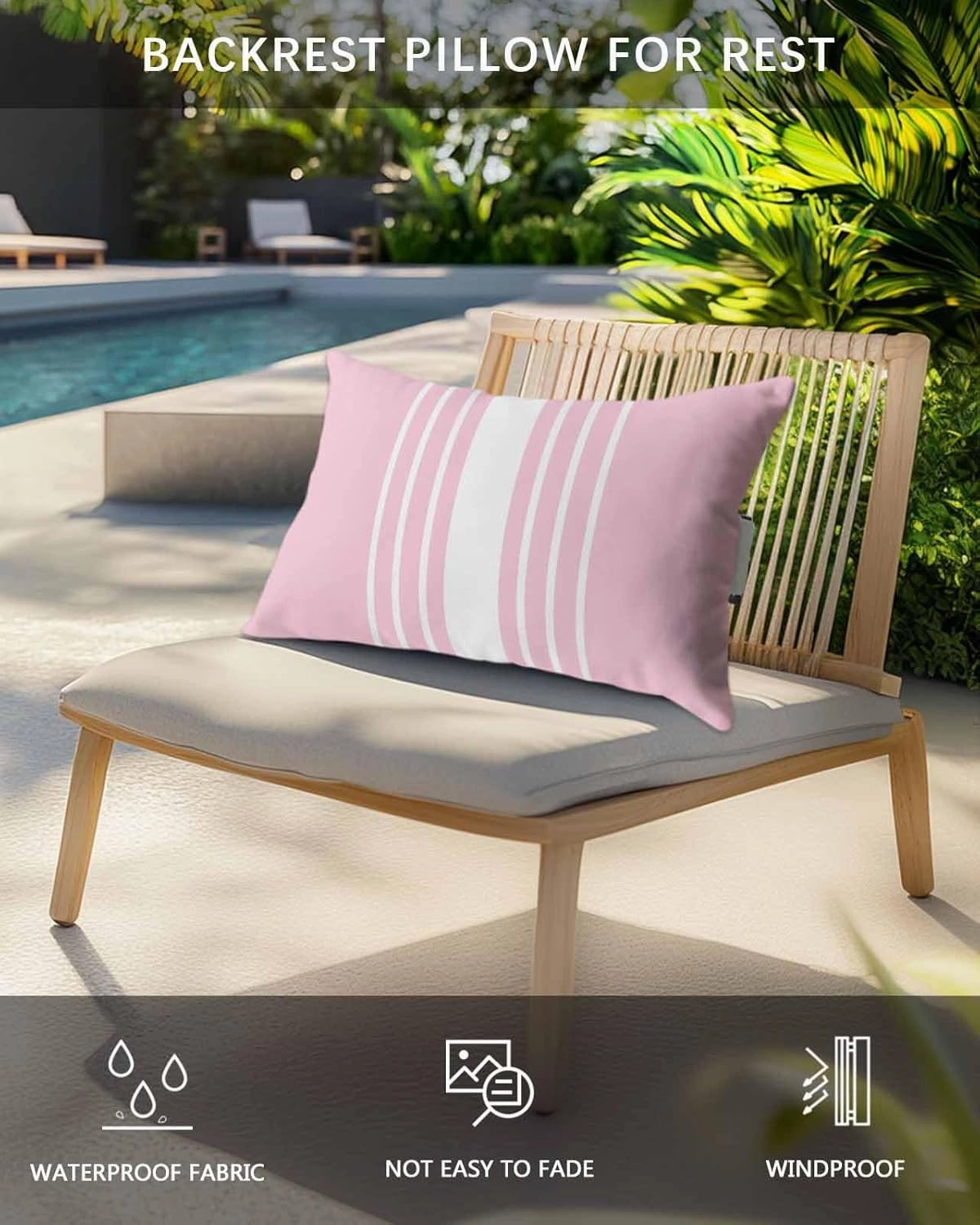 Striped Outdoor Head Resting Pillows with Insert Simple White Modern Pink Background Abstract 1 Pack Waterproof Lumbar Pillows with Adjustable Elastic Strap for Patio Chaise Beach Chair, 11”x16”