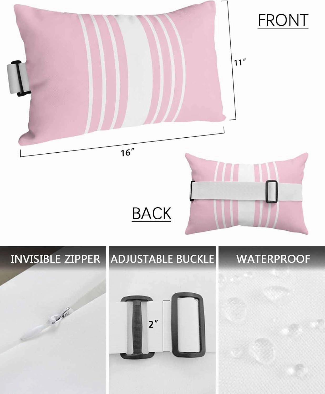 Striped Outdoor Head Resting Pillows with Insert Simple White Modern Pink Background Abstract 1 Pack Waterproof Lumbar Pillows with Adjustable Elastic Strap for Patio Chaise Beach Chair, 11”x16”