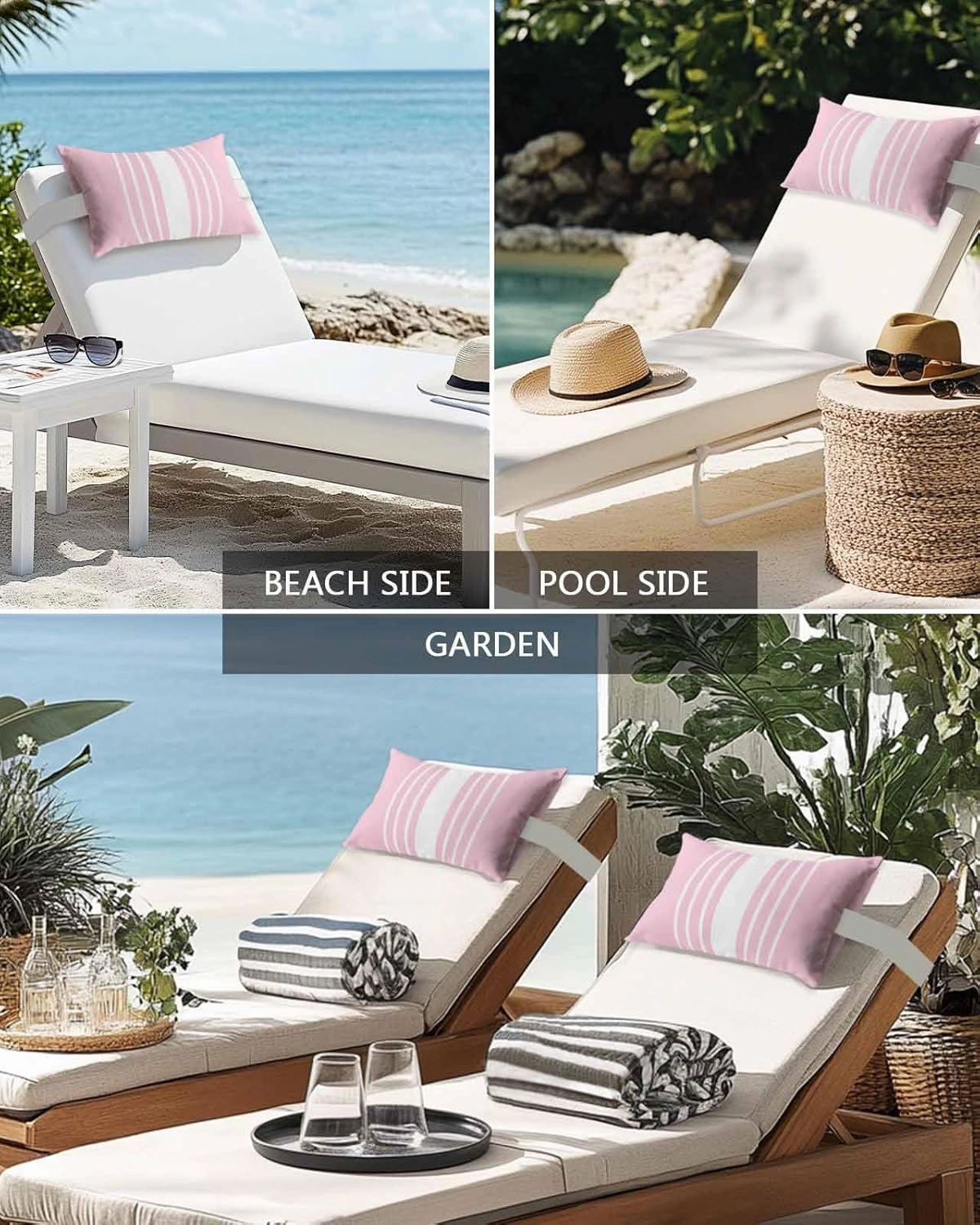 Striped Outdoor Head Resting Pillows with Insert Simple White Modern Pink Background Abstract 1 Pack Waterproof Lumbar Pillows with Adjustable Elastic Strap for Patio Chaise Beach Chair, 11”x16”