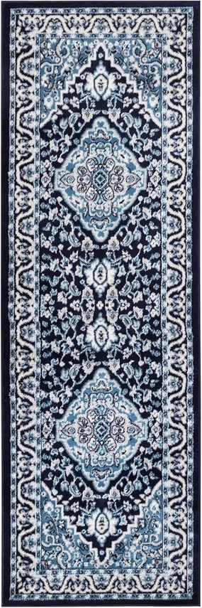 Superior Indoor Runner Rug, Jute Backing, for Entryway, Dining, Kitchen, Bedroom Floors, Traditional Floor Decor, Oriental Medallion Indoor Rug, Glendale Collection, 2' 7" x 8', Blue