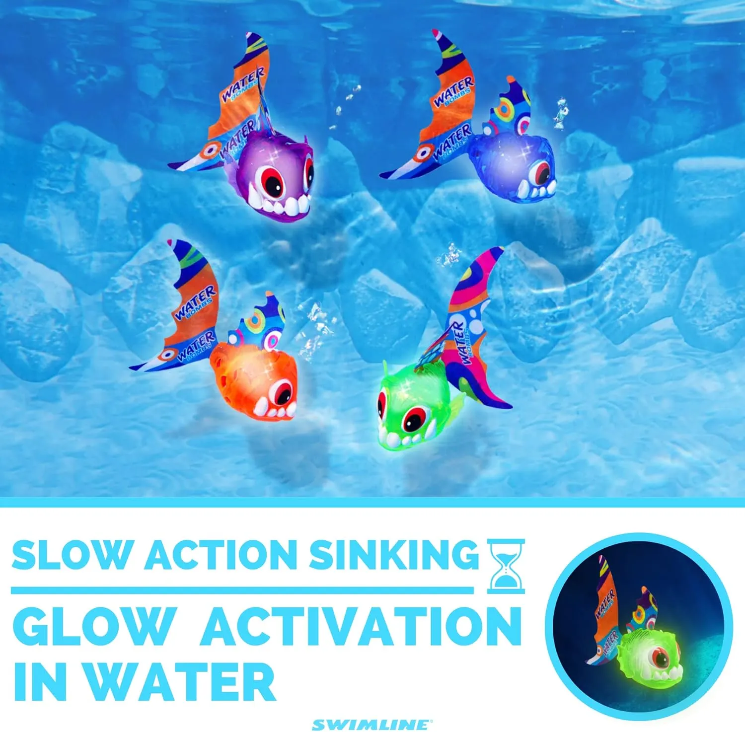 Swimline Original 4-Pack Diving Toys LED Light-Up Glowing Sea Animal Piranha Catch The Fish Retrieval Game for Swimming Pool & Bath Tub for Kids Multi Color Flashing Underwater Dive Practice Learn
