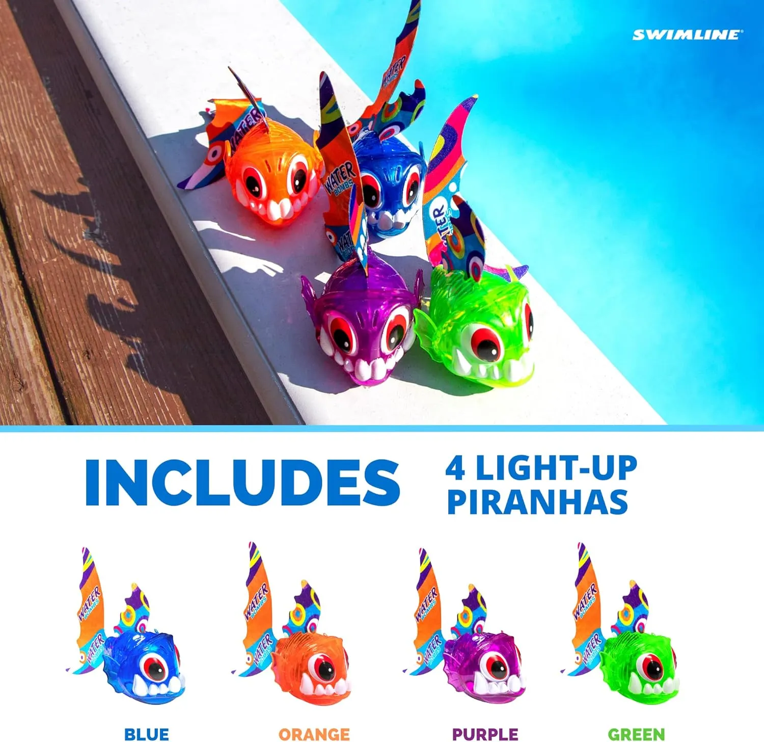 Swimline Original 4-Pack Diving Toys LED Light-Up Glowing Sea Animal Piranha Catch The Fish Retrieval Game for Swimming Pool & Bath Tub for Kids Multi Color Flashing Underwater Dive Practice Learn