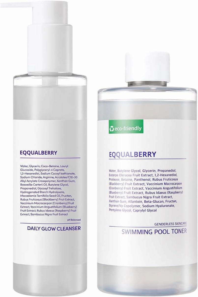 Swimming Pool Toner & Daily Glow Gel Cleanser Set | Exfoliating Toner with Pretease for Sensitive Skin | Deep Hydrating & Moisturizing | Korean Skincare | EWG Green