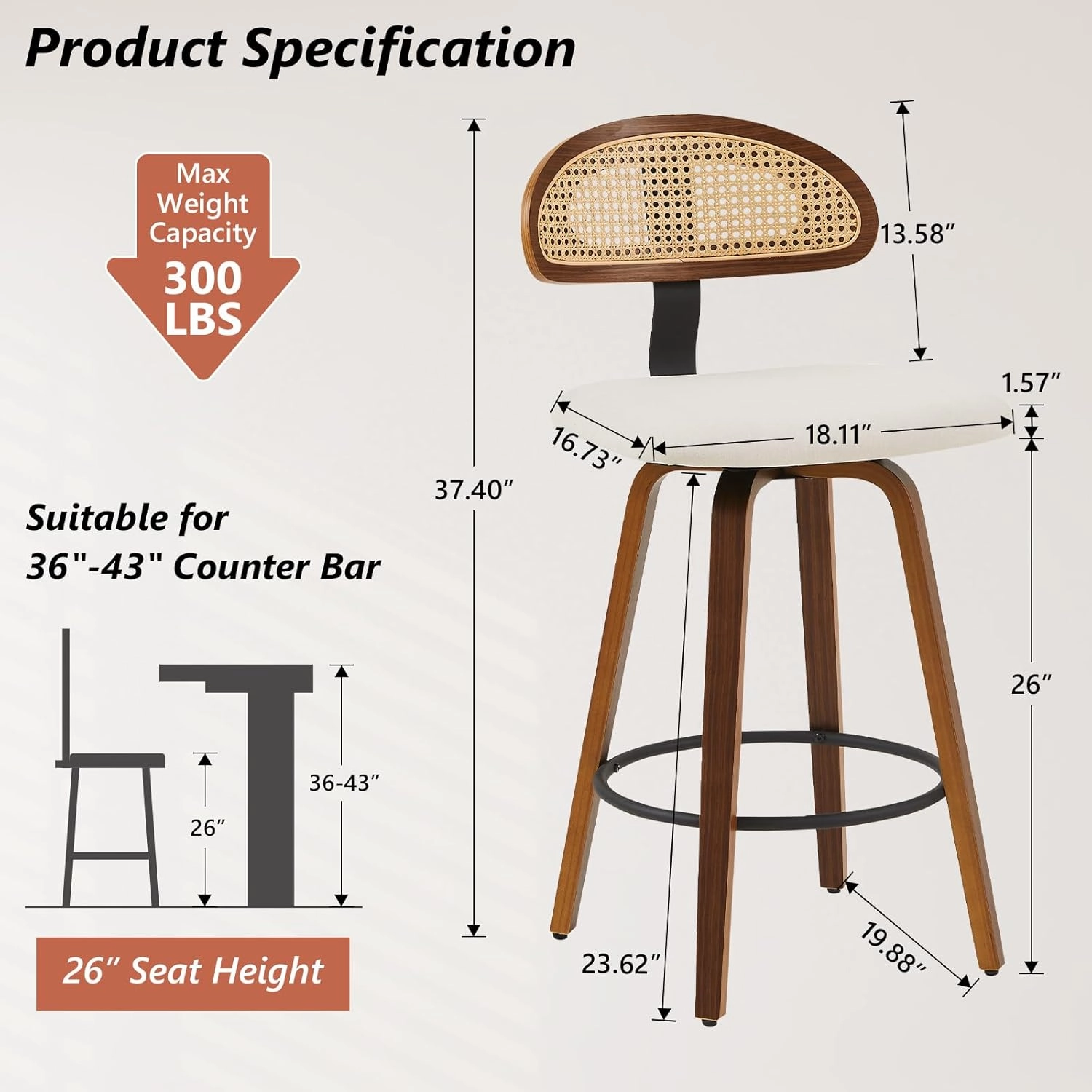 Swivel Counter Height Bar Stools Set of 2, 26" Upholstered Seat Barstools with Rattan Back, Bentwood Frame Mid Century Modern Bar Chairs for Kitchen Island, Dining Room or Bar (White)
