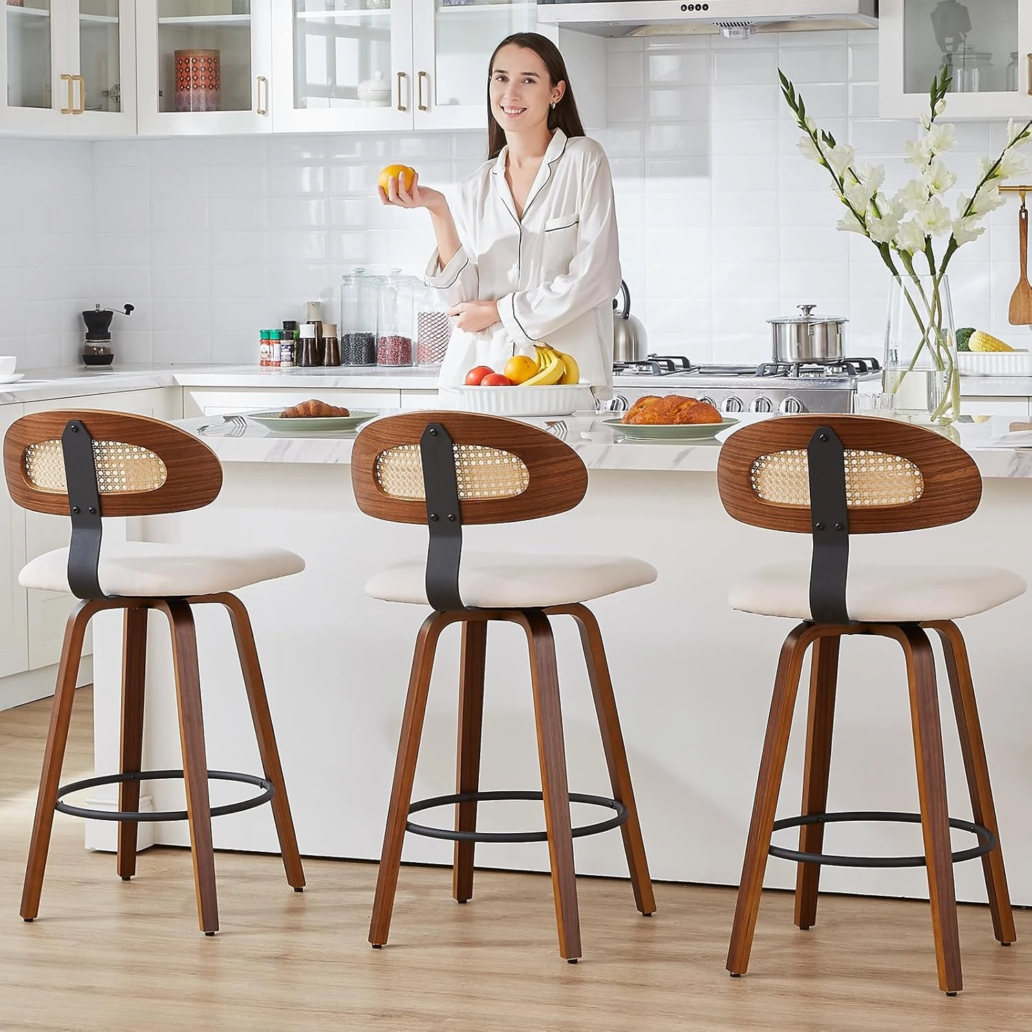 Swivel Counter Height Bar Stools Set of 2, 26" Upholstered Seat Barstools with Rattan Back, Bentwood Frame Mid Century Modern Bar Chairs for Kitchen Island, Dining Room or Bar (White)